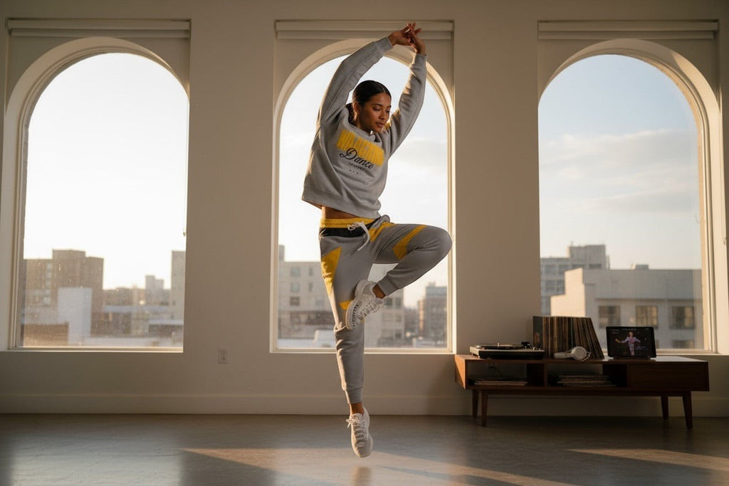 MONROE STORE grey cotton blend tracksuit with yellow accents. Woman in dance pose.