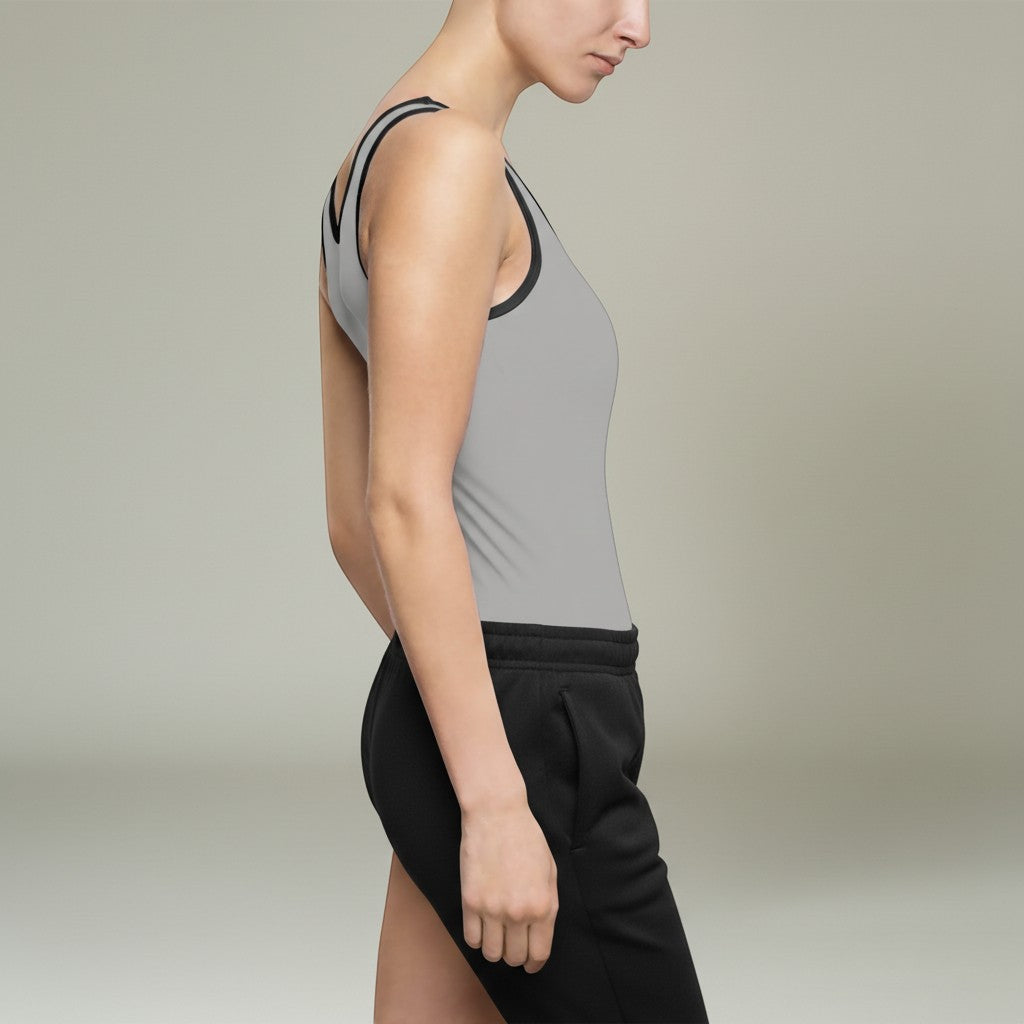 MONROE STORE grey one-piece swimsuit with black trim, U-neckline, and supportive chest band. Made of polyester and spandex.