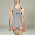 MONROE STORE grey one-piece swimsuit with black trim, U-shaped neckline, and inner chest support. Made of polyester and spandex.