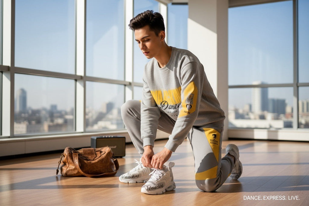 MONROE STORE grey cotton tracksuit with yellow accents, worn by a man tying his white sneakers in a bright studio.
