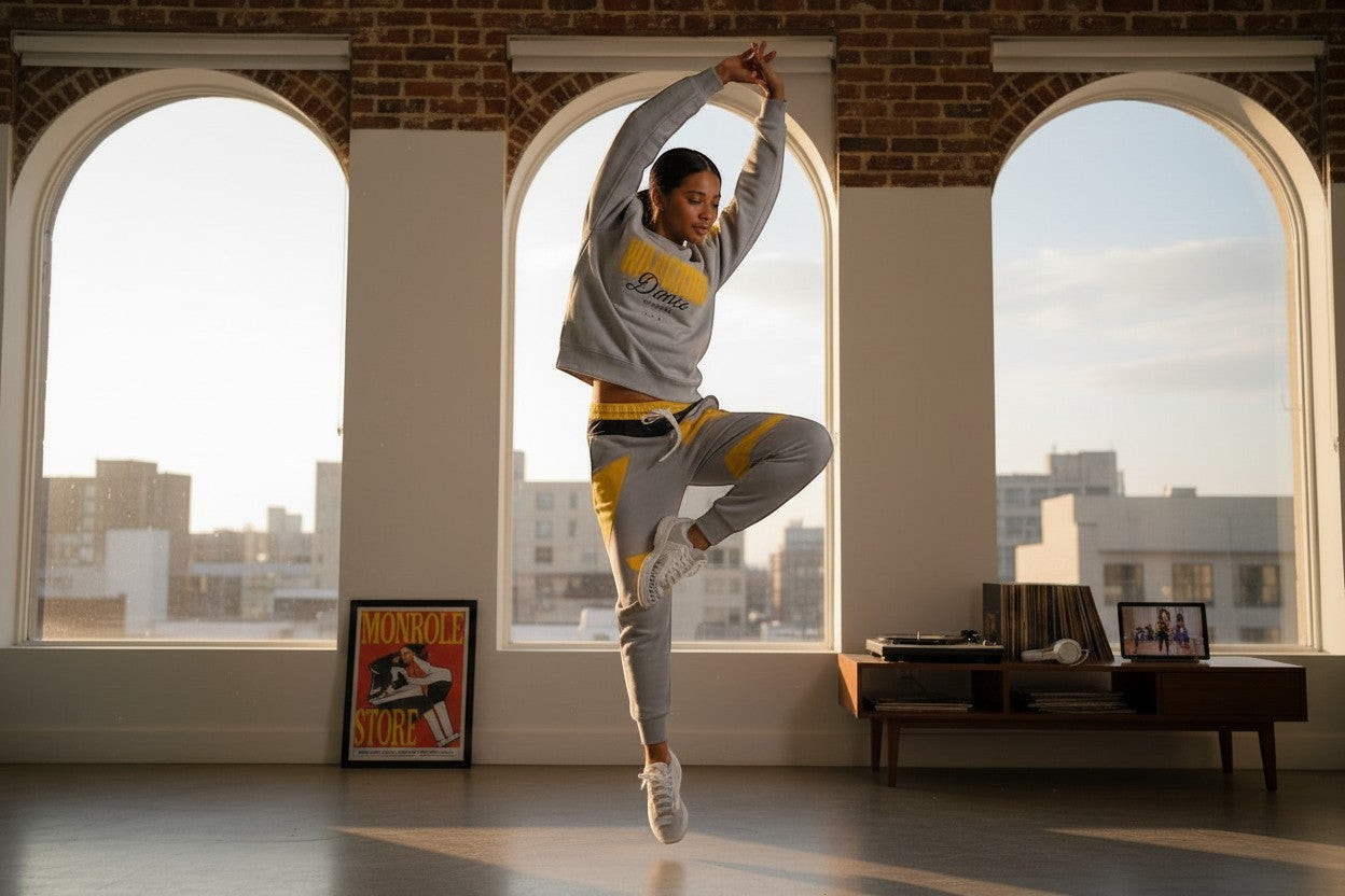 MONROE STORE grey and yellow athletic tracksuit with crewneck sweatshirt and joggers, woman dancing