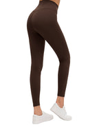 MONROE STORE high-waisted brown yoga leggings with a V-shaped seam on the back, made of a stretchy material.