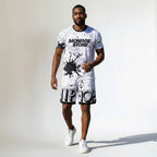 MONROE STORE men's white polyester shorts with black paint splatter print and "HIP HOP" text detail.