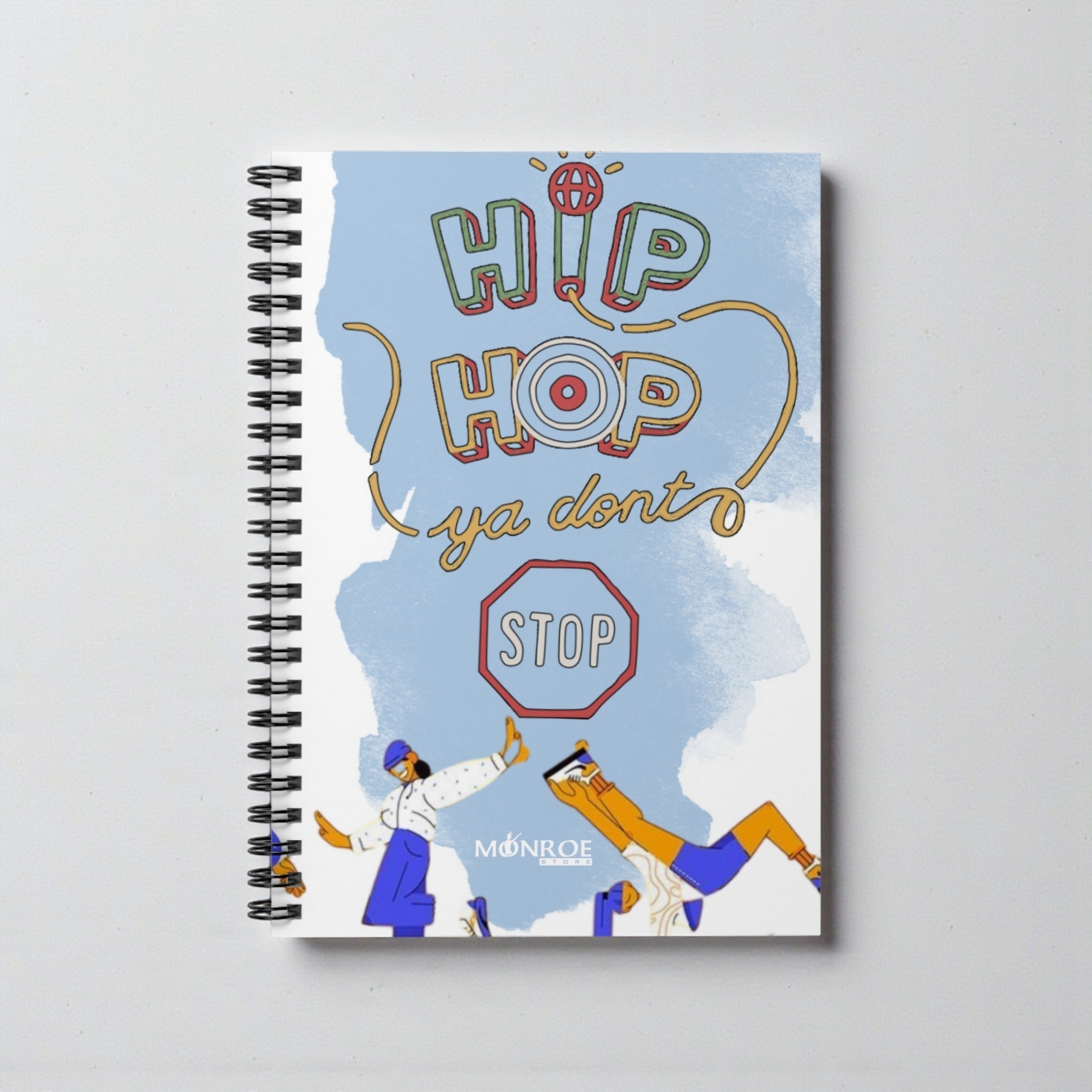 MONROE STORE hip hop themed spiral notebook with colorful lettering and figures dancing. 6x8 inches, 118 pages.