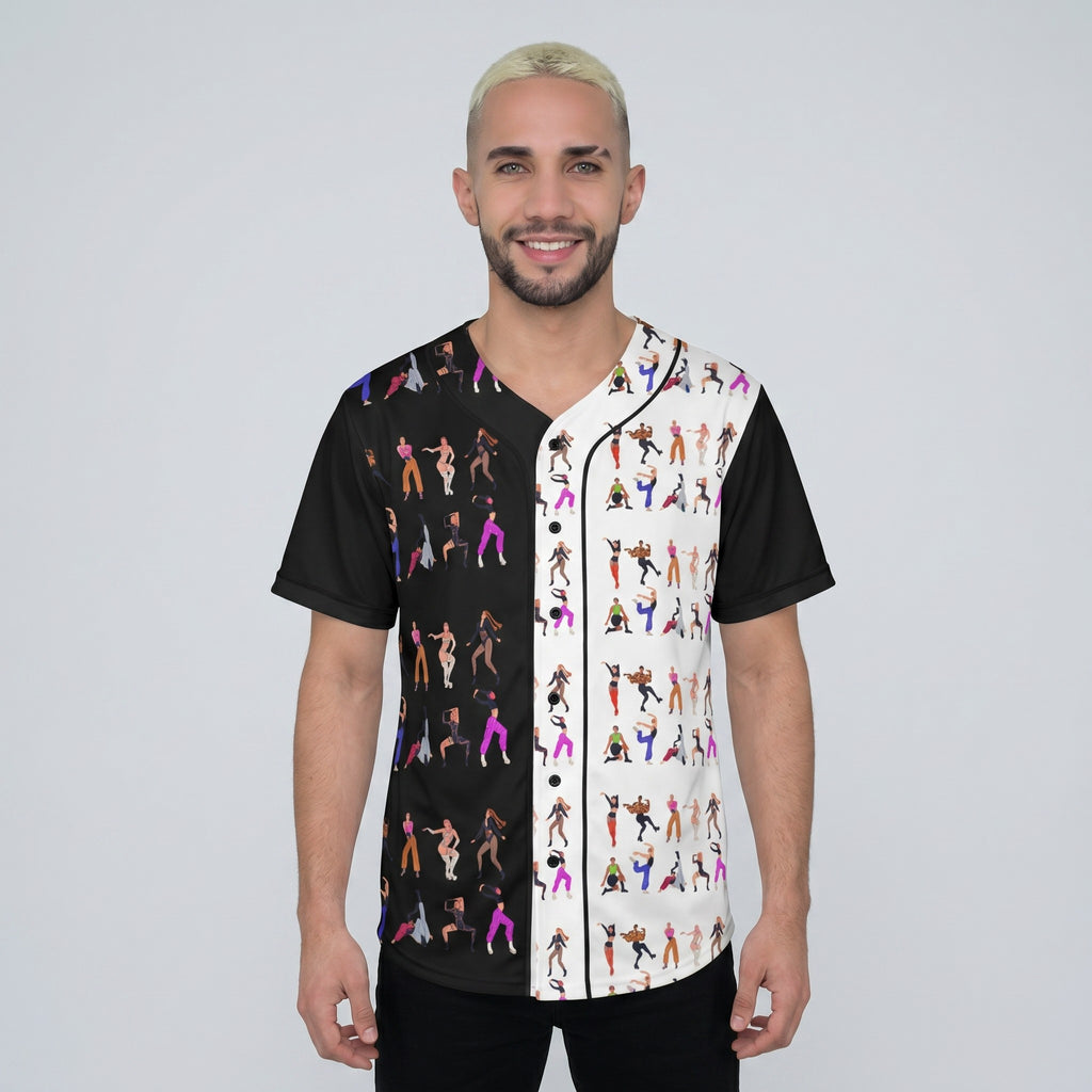 MONROE STORE jersey de béisbol para hombre con estampado artístico de bailarines en blanco y negro, 100% poliéster, ideal para deportes y uso casual.