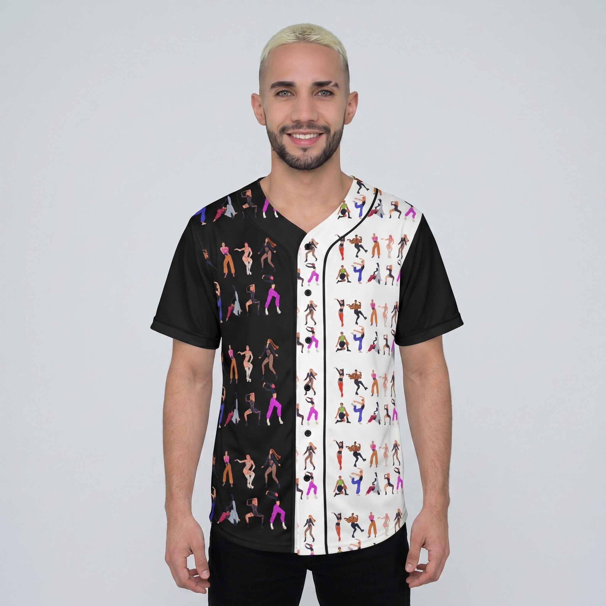MONROE STORE jersey de béisbol para hombre con estampado artístico de bailarines en blanco y negro, 100% poliéster, ideal para deportes y uso casual.