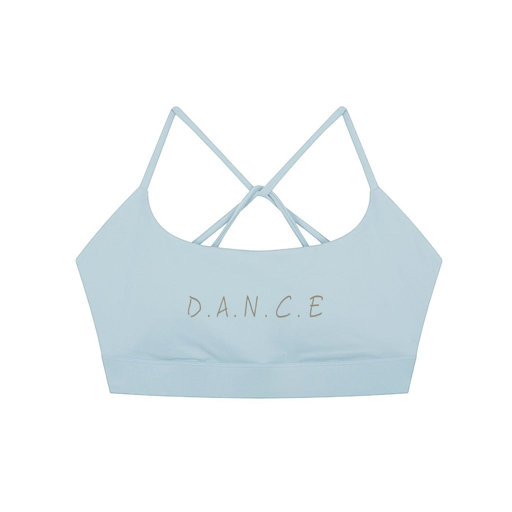 MONROE STORE light blue strappy criss-cross back sports bra with 'D.A.N.C.E.' text graphic.