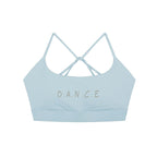 MONROE STORE light blue strappy criss-cross back sports bra with 'D.A.N.C.E.' text graphic.