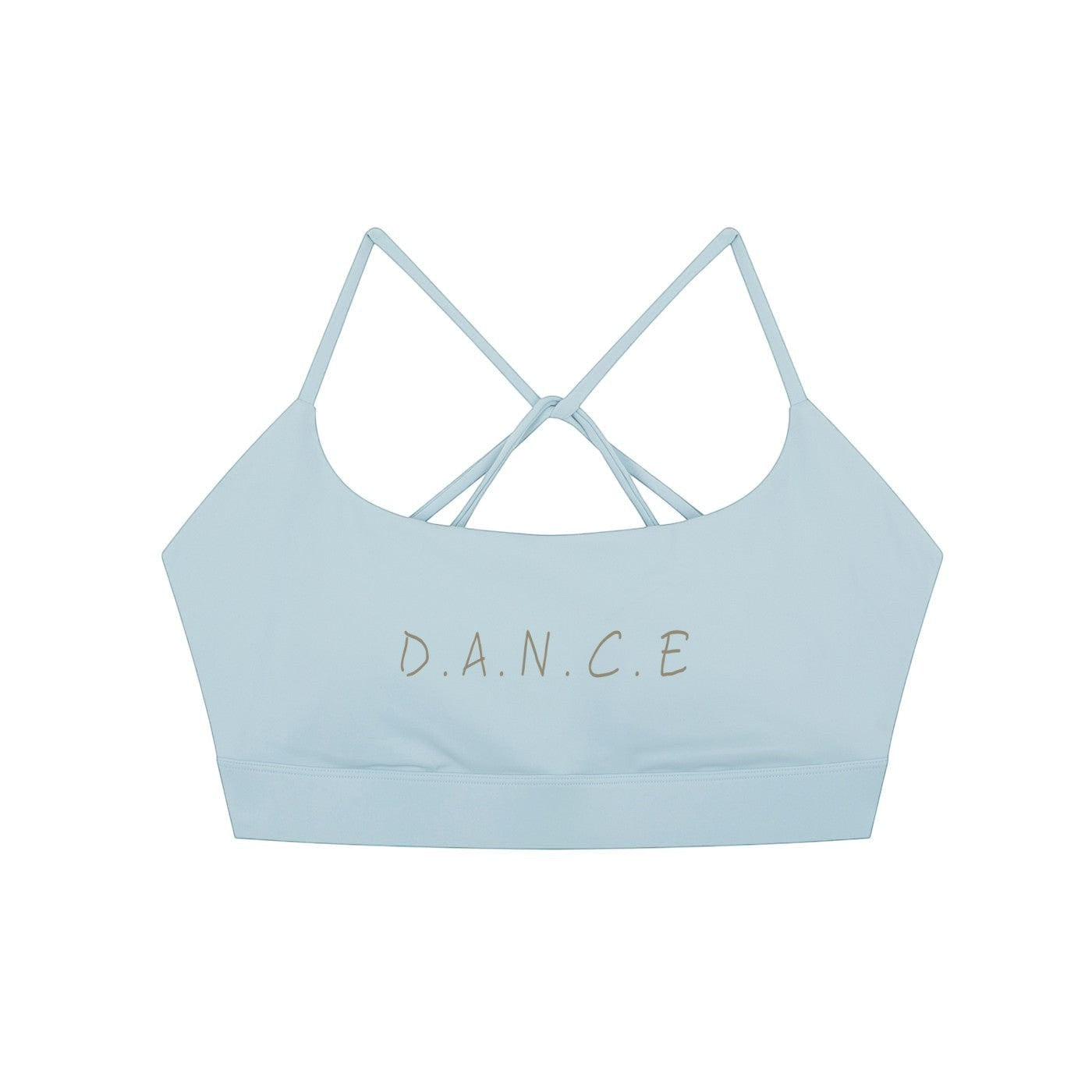MONROE STORE light blue strappy criss-cross back sports bra with 'D.A.N.C.E.' text graphic.