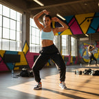 MONROE STORE light blue strappy criss-cross yoga sports bra with 'DANCE' graphic, worn by a woman in a dance studio.