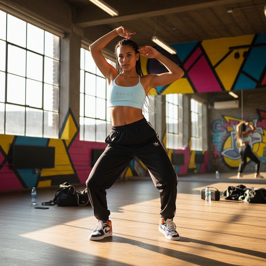 MONROE STORE light blue strappy criss-cross yoga sports bra with 'DANCE' graphic, worn by a woman in a dance studio.