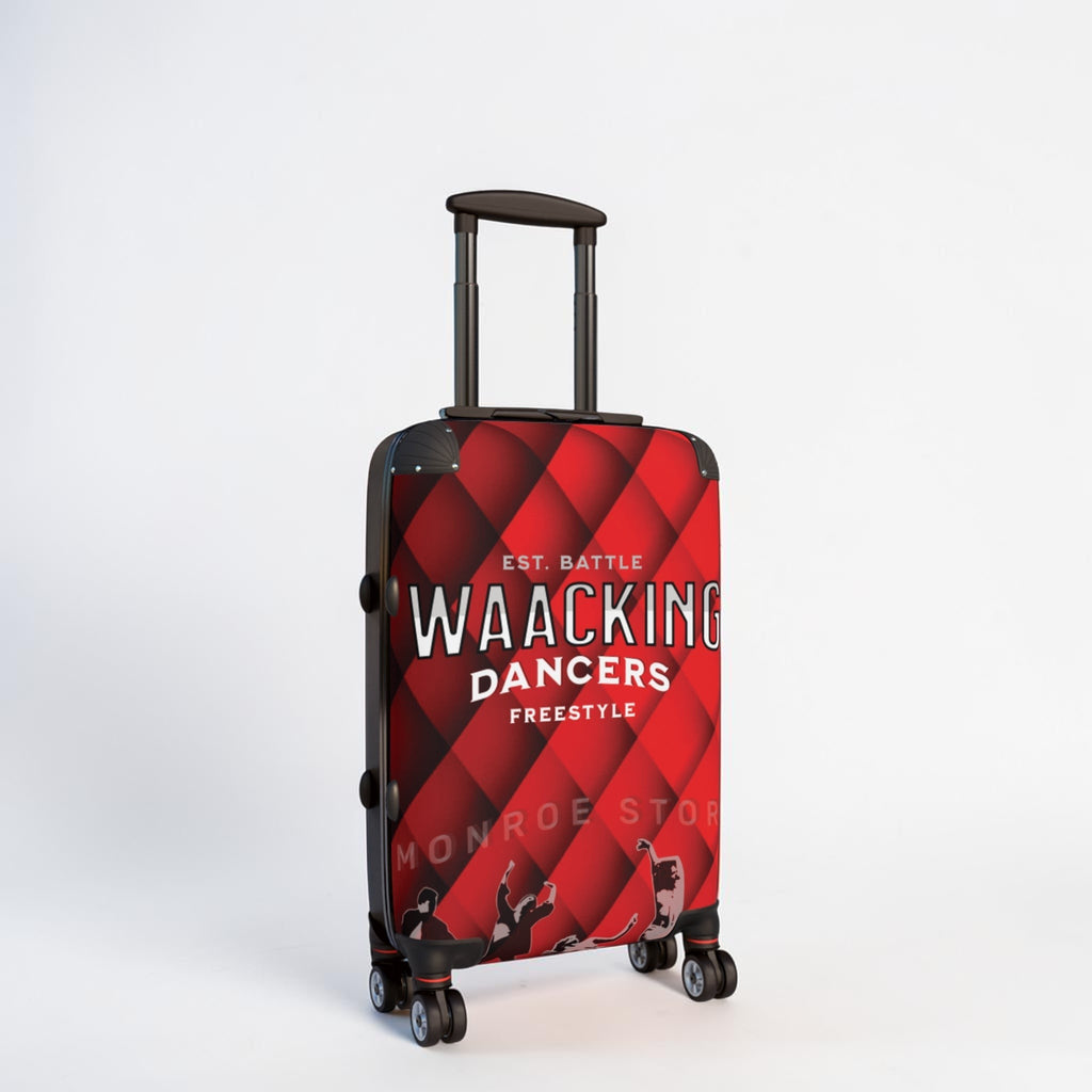 Maleta de cabina roja MONROE STORE con estampado de bailarines de waacking, ruedas giratorias y asa telescópica.