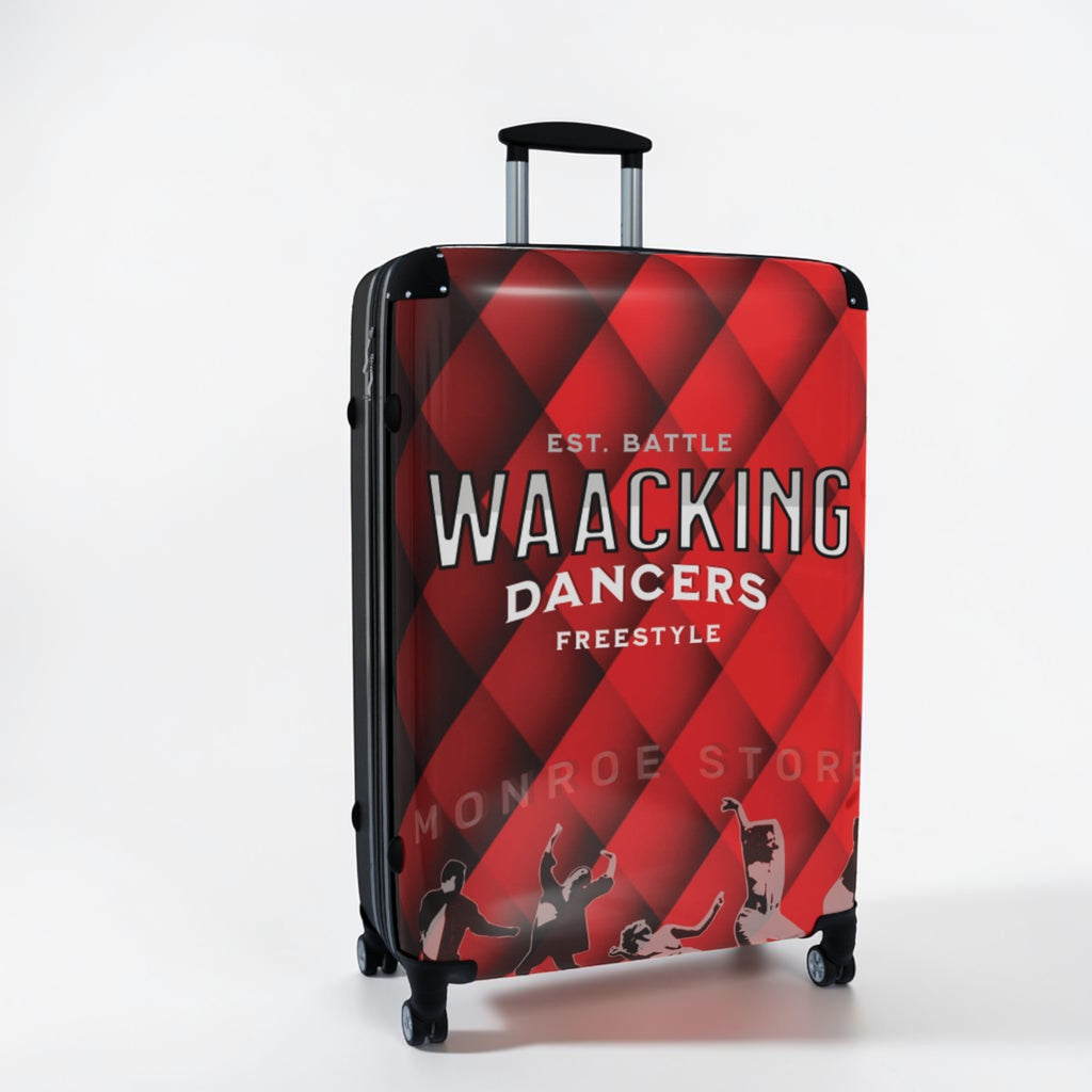 Maleta de cabina MONROE STORE roja con estampado de rombos y bailarines de waacking, con ruedas 360° y asa telescópica.