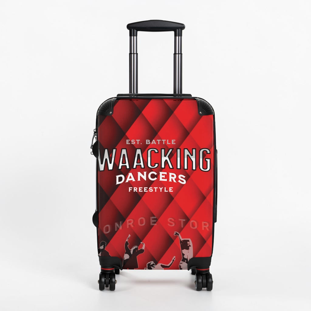 Maleta de cabina MONROE STORE roja con estampado de bailarines de waacking, ruedas 360° y asa telescópica.