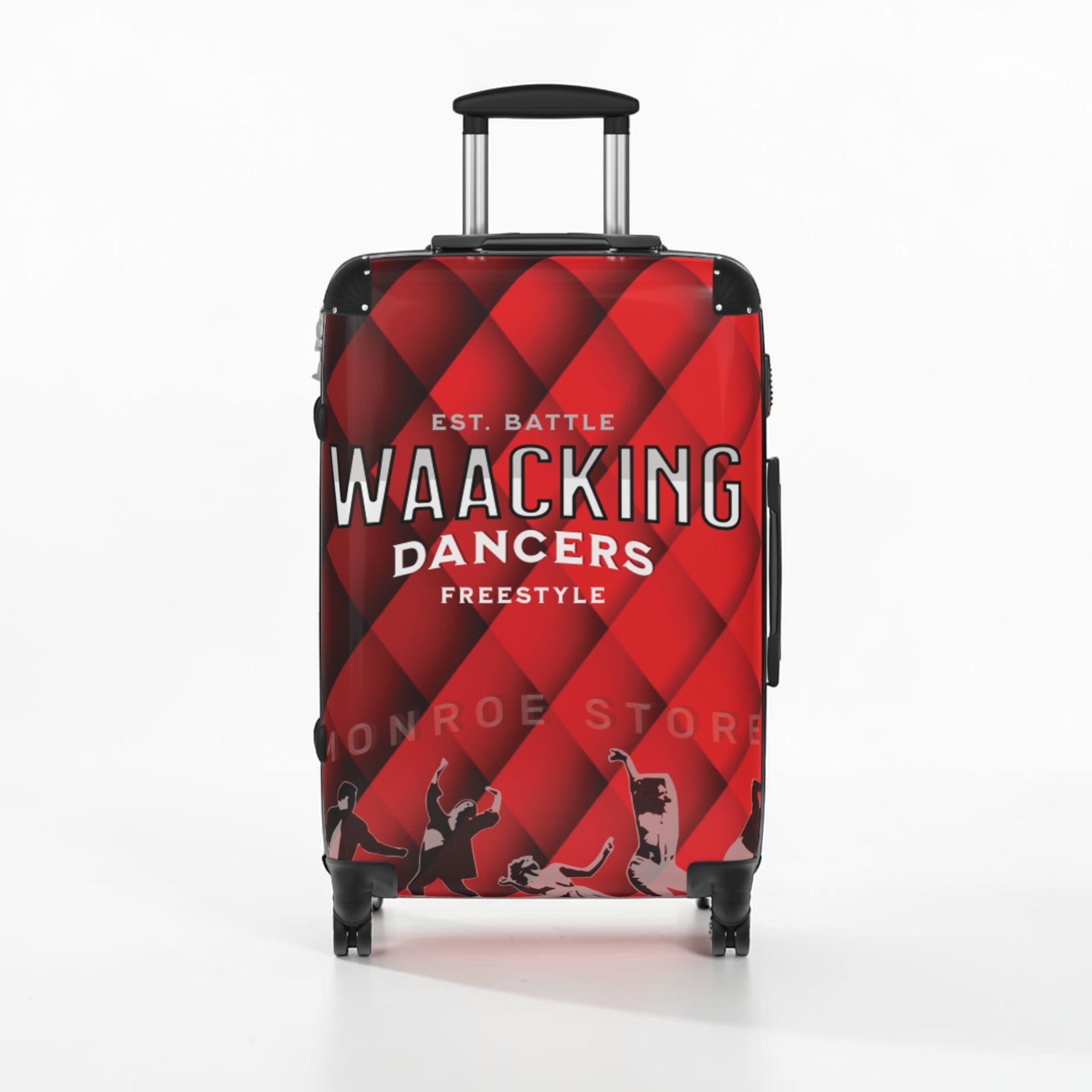Maleta de cabina roja MONROE STORE con estampado de bailarines de Waacking y rombos. Rígida, con ruedas 360° y asa telescópica.
