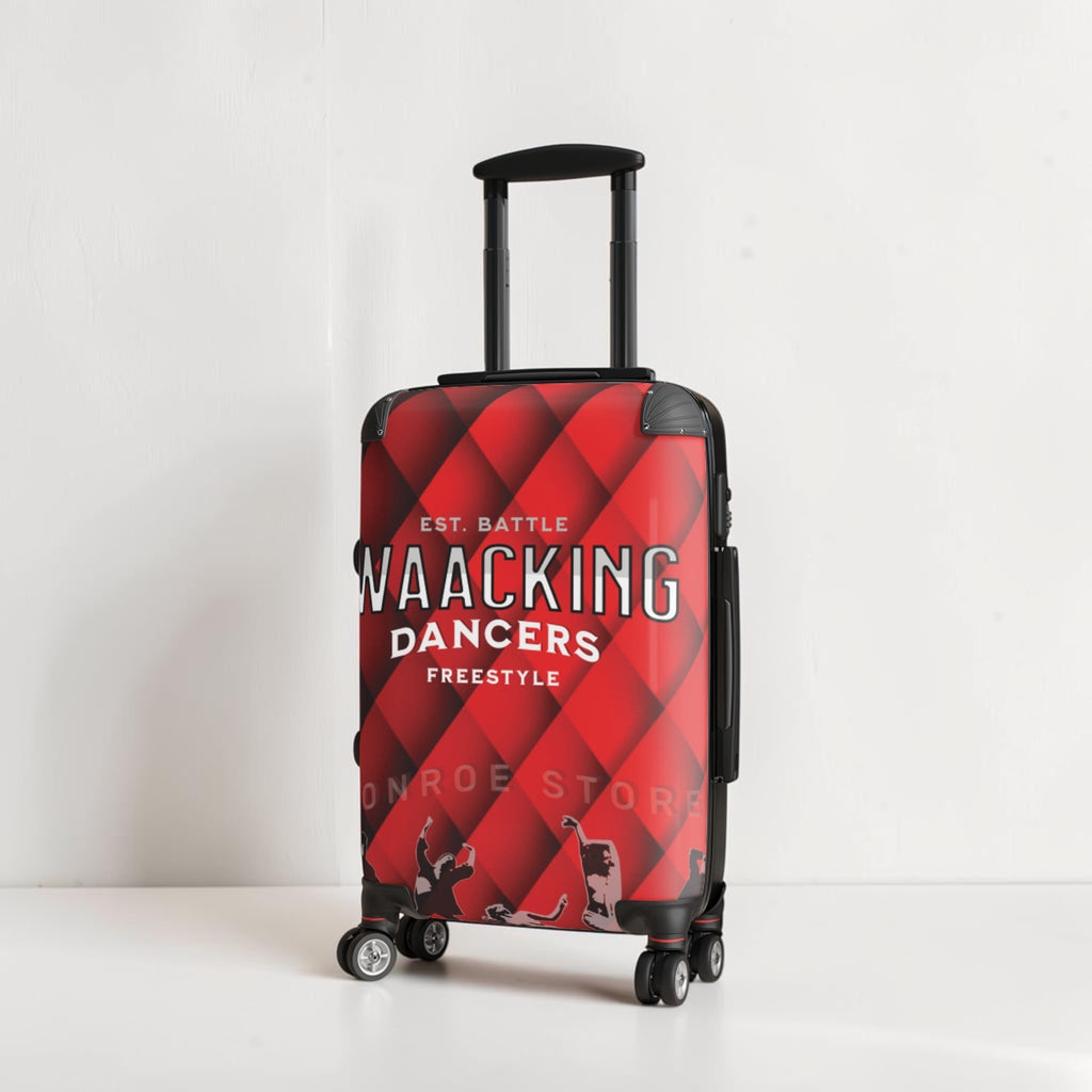 Maleta de cabina MONROE STORE roja con estampado de diamantes y bailarines de waacking, ideal para viajes y danza.