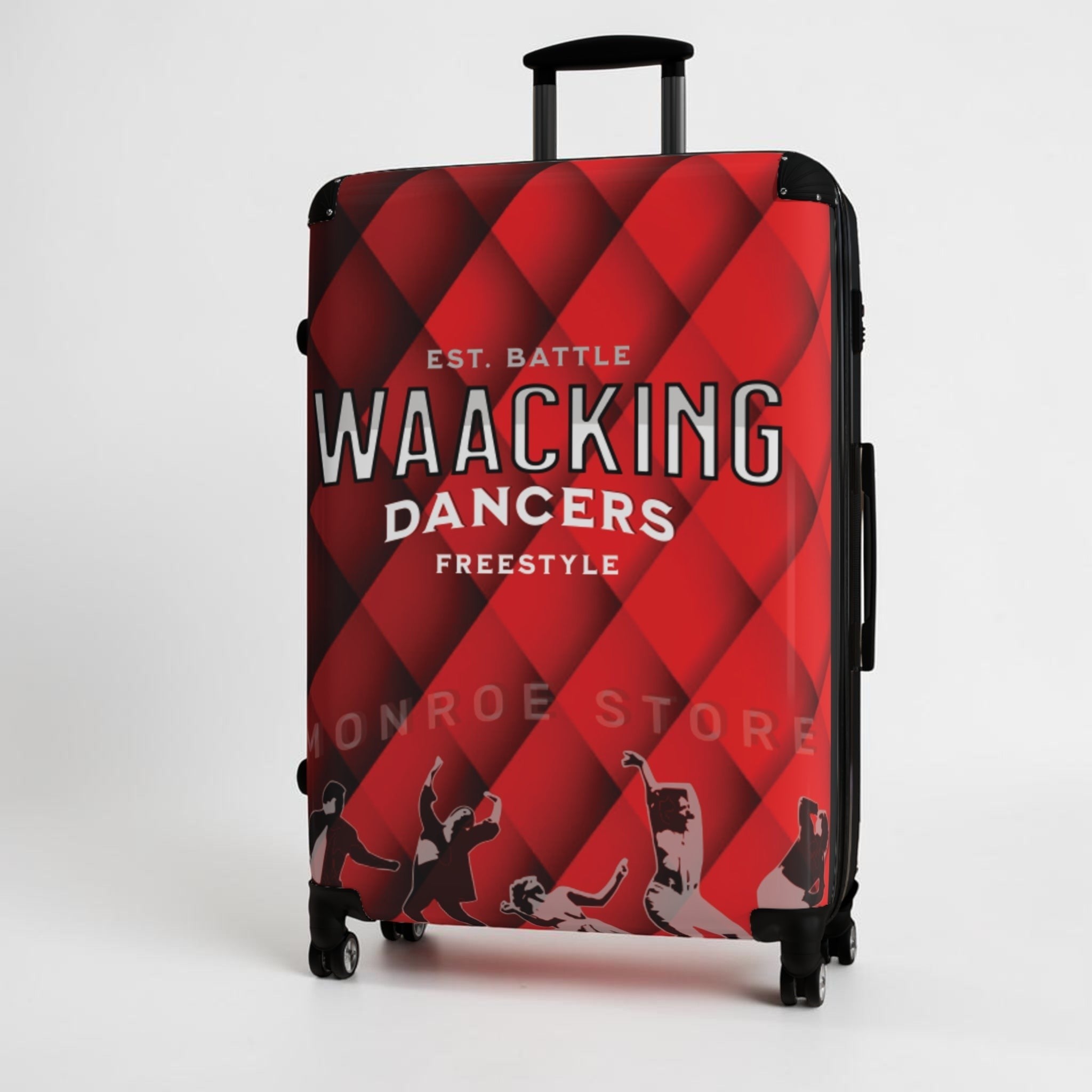 Maleta de cabina roja MONROE STORE con estampado de bailarines de waacking y patrón de rombos. Rígida, con ruedas 360°.