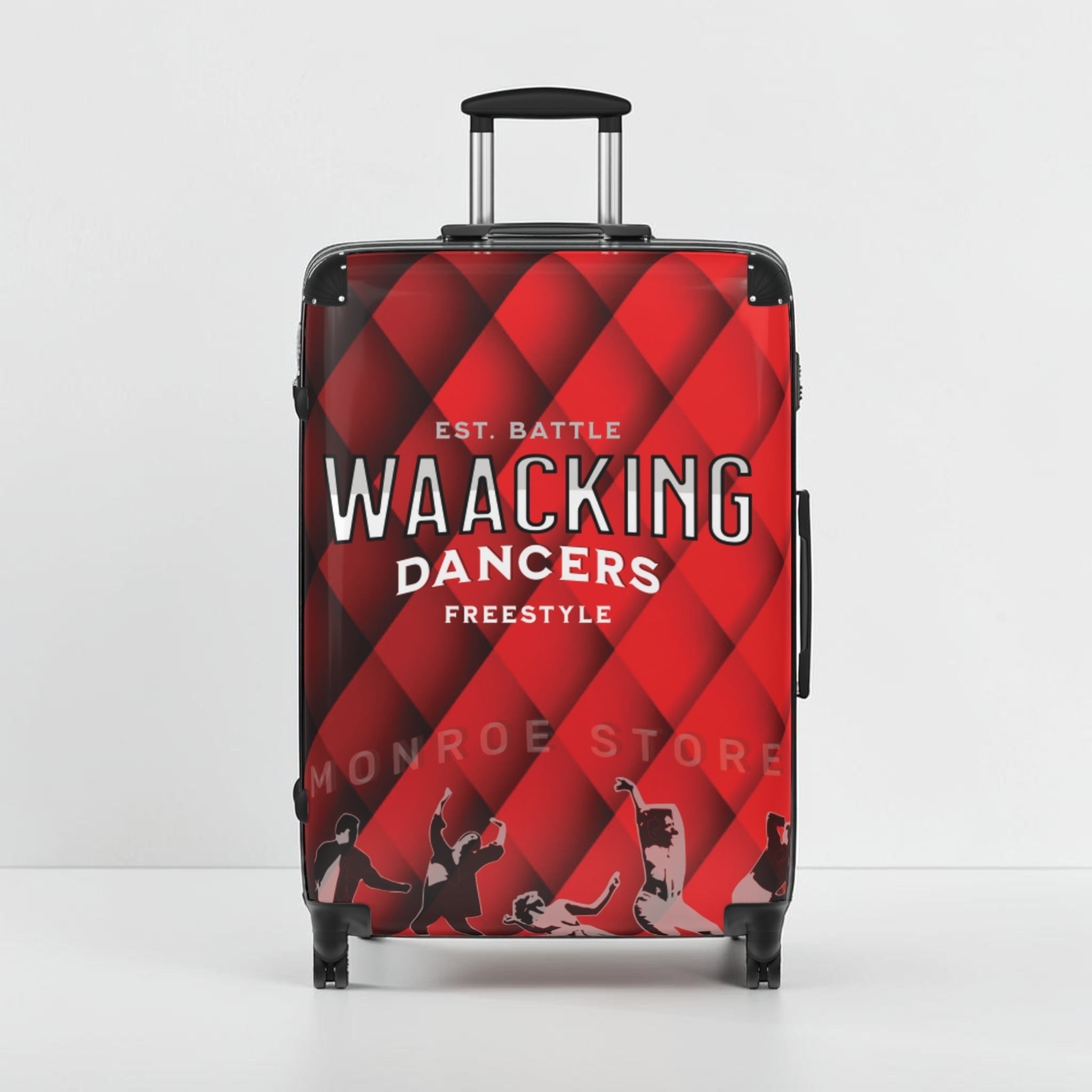 Maleta de cabina MONROE STORE roja con estampado de bailarines de waacking y patrón de rombos. Rígida, con ruedas 360°.