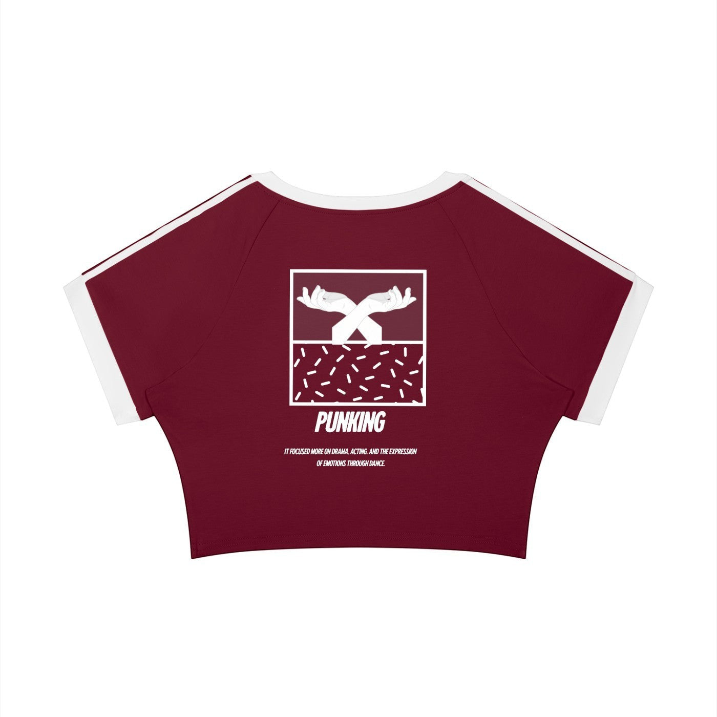 MONROE STORE women's maroon raglan crop t-shirt with white trim and a graphic print of hands and the word PUNKKING