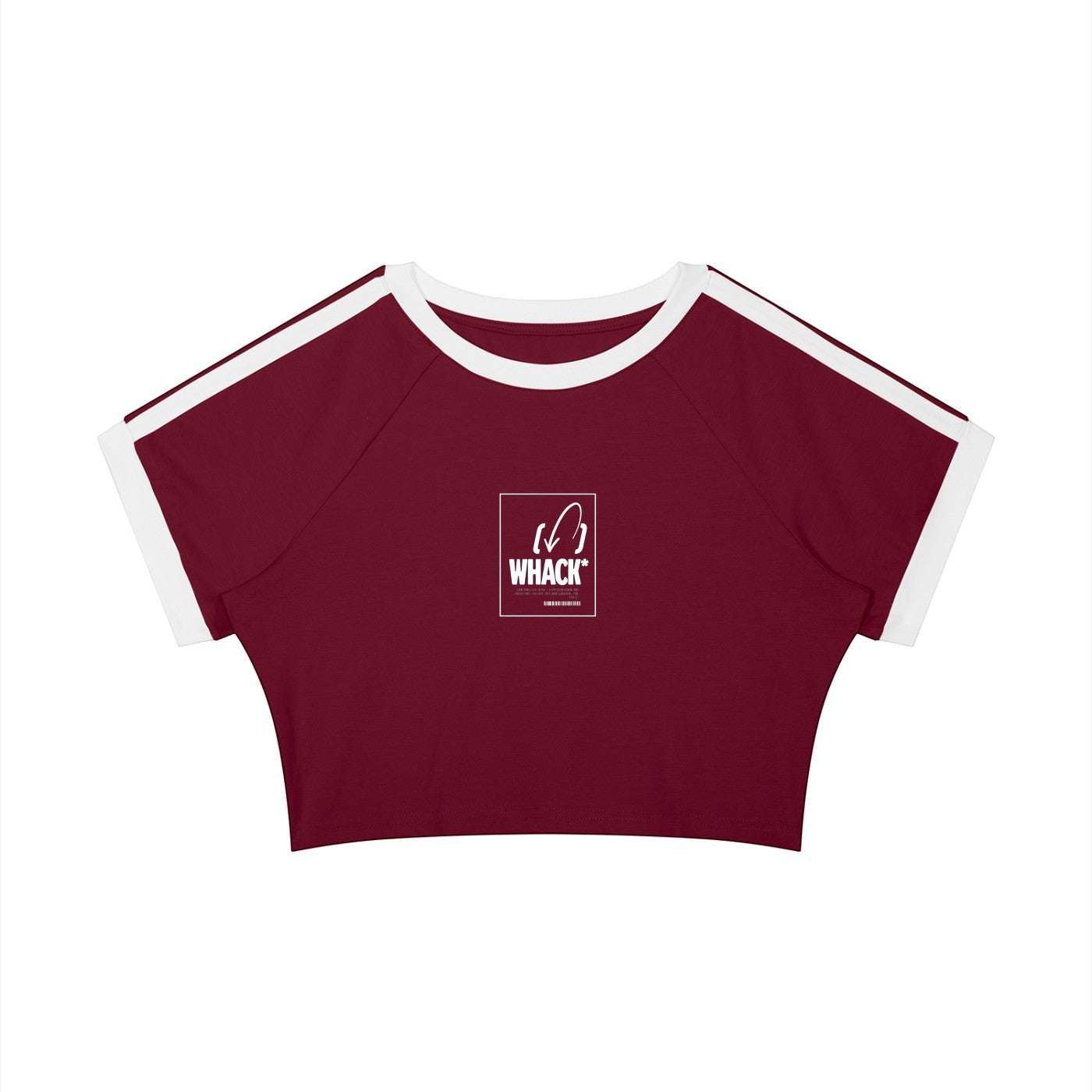 MONROE STORE women's maroon raglan crop t-shirt with white trim, short sleeves, and central graphic print.