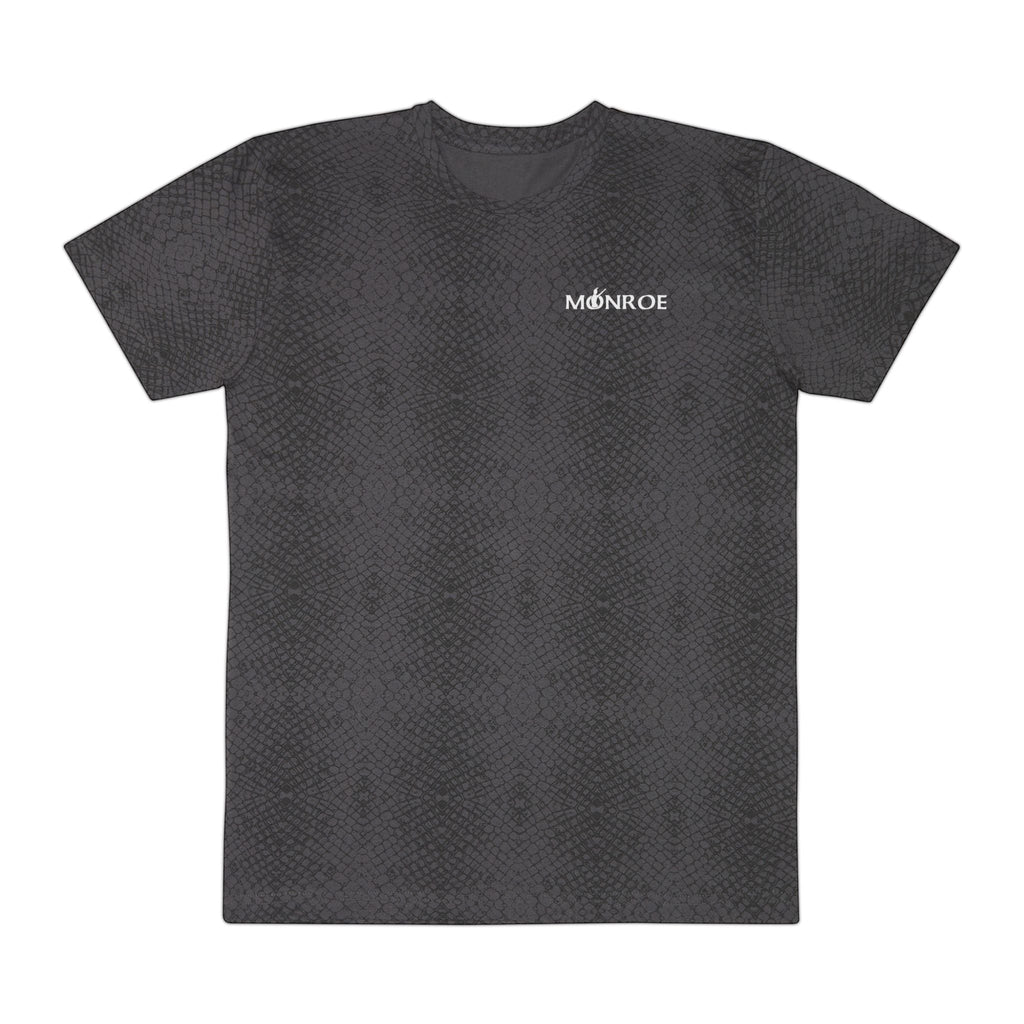 MONROE STORE men's dark grey graphic tee with all-over subtle snake print pattern and white logo.