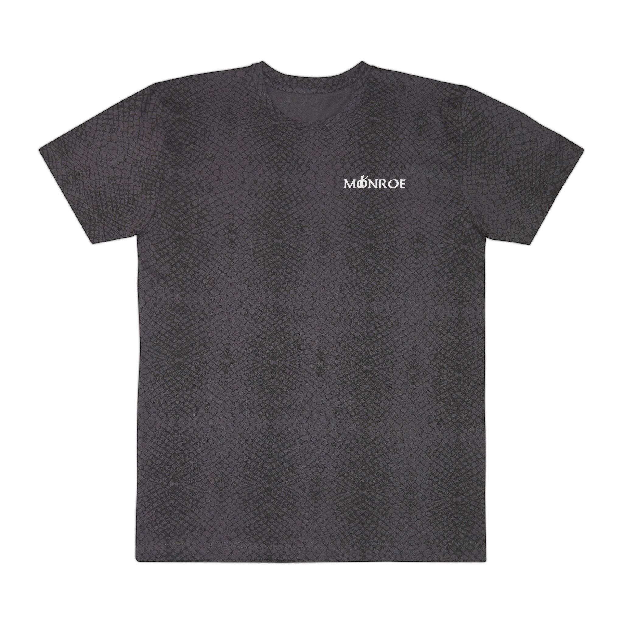 MONROE STORE men's dark grey graphic tee with all-over subtle snake print pattern and white logo.