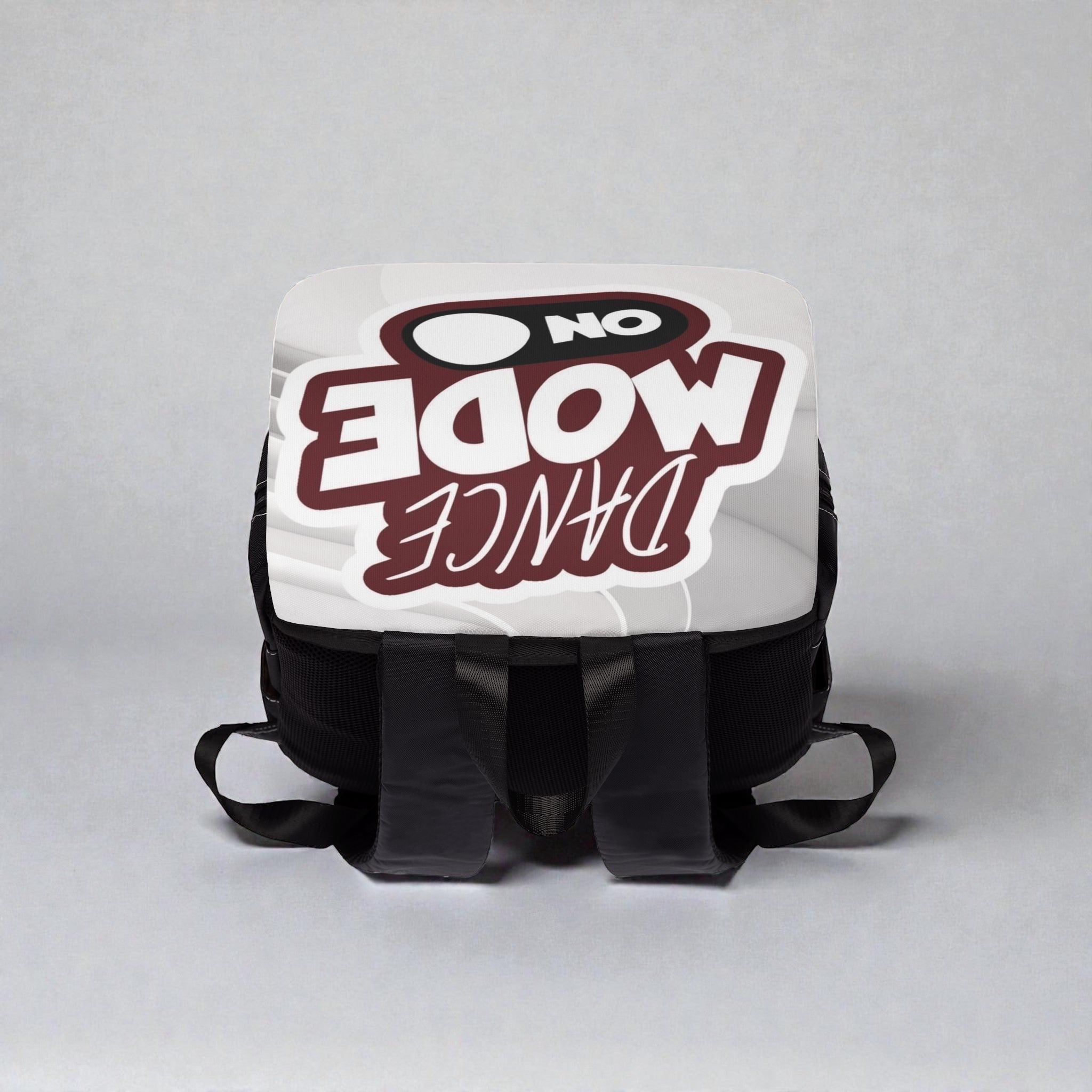 Mochila unisex MONROE STORE negra con diseño divertido "Dance Mode On" en lienzo de Oxford, ideal para uso diario.