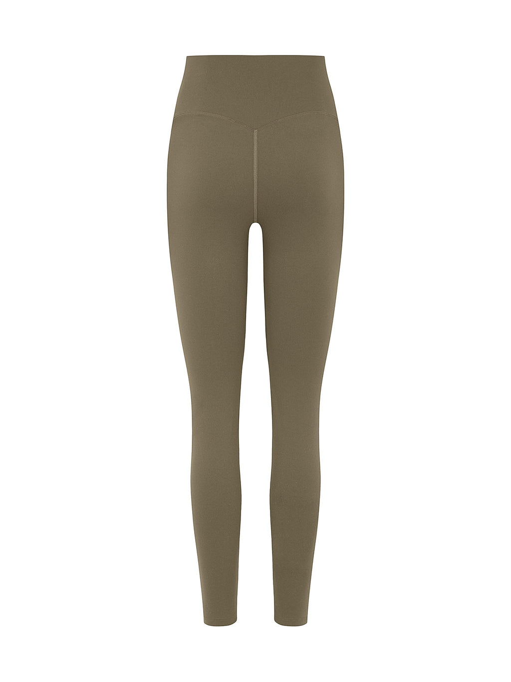 MONROE STORE high-waisted olive green yoga leggings with a V-shaped seam at the back.