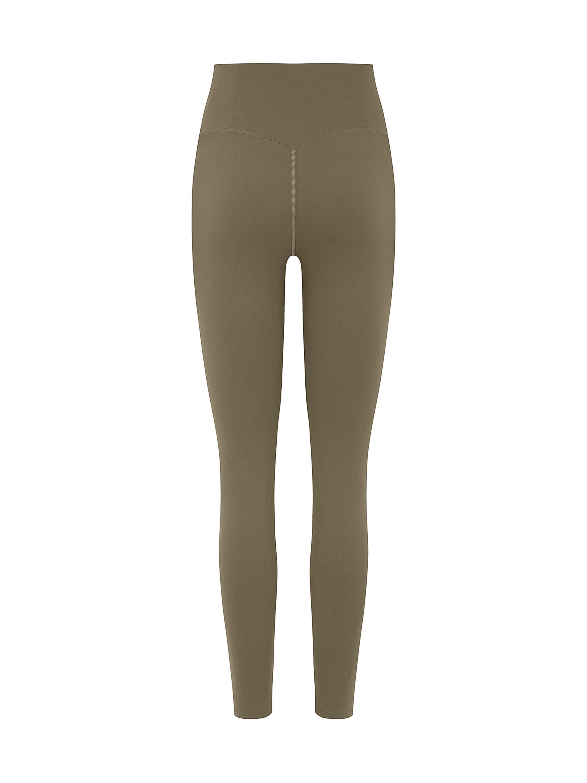 MONROE STORE high-waisted olive green yoga leggings with a V-shaped seam at the back.
