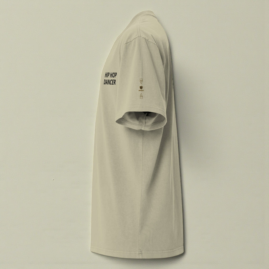MONROE STORE oversized faded t-shirt in beige, made from 100% cotton with dropped shoulders and wide neck ribbing. Features 'HIP HOP DANCER' text.