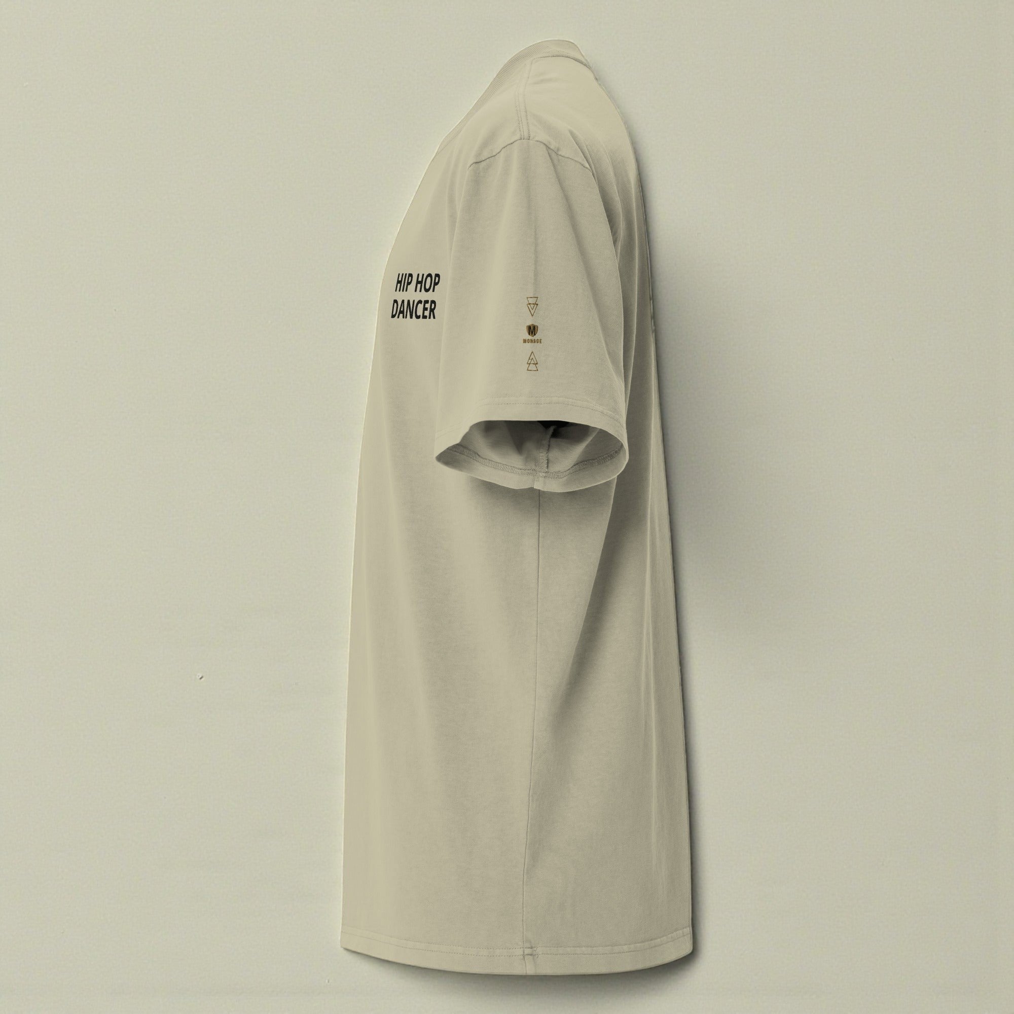 MONROE STORE oversized faded t-shirt in beige, made from 100% cotton with dropped shoulders and wide neck ribbing. Features 'HIP HOP DANCER' text.