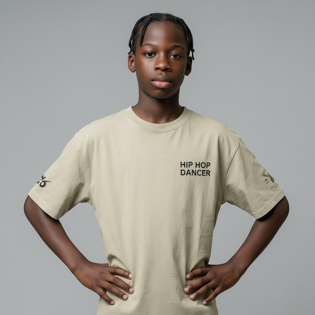 MONROE STORE oversized faded t-shirt in beige, made from 100% cotton with a relaxed fit and dropped shoulders. Features 'HIP HOP DANCER' text.