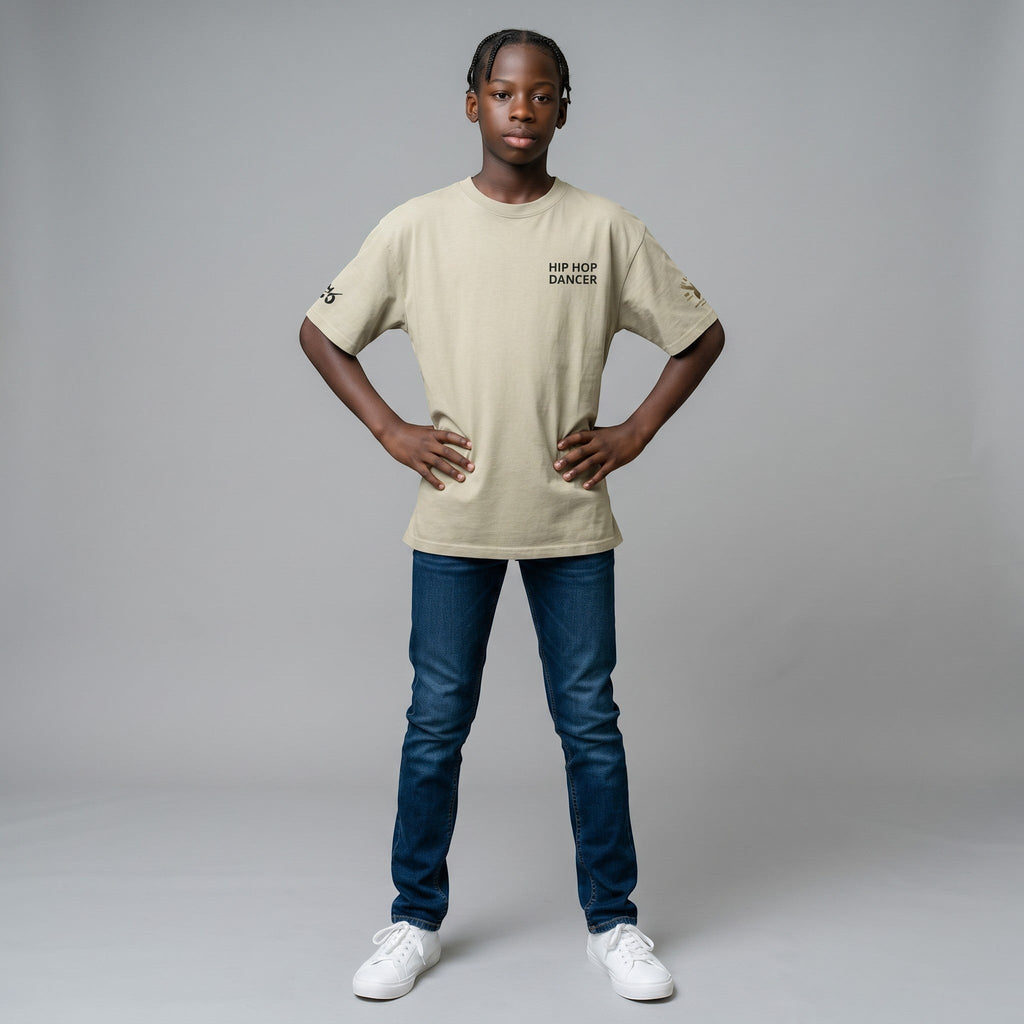 MONROE STORE oversized faded beige t-shirt, 100% cotton, with 'HIP HOP DANCER' text on the back and graphic details on sleeves.