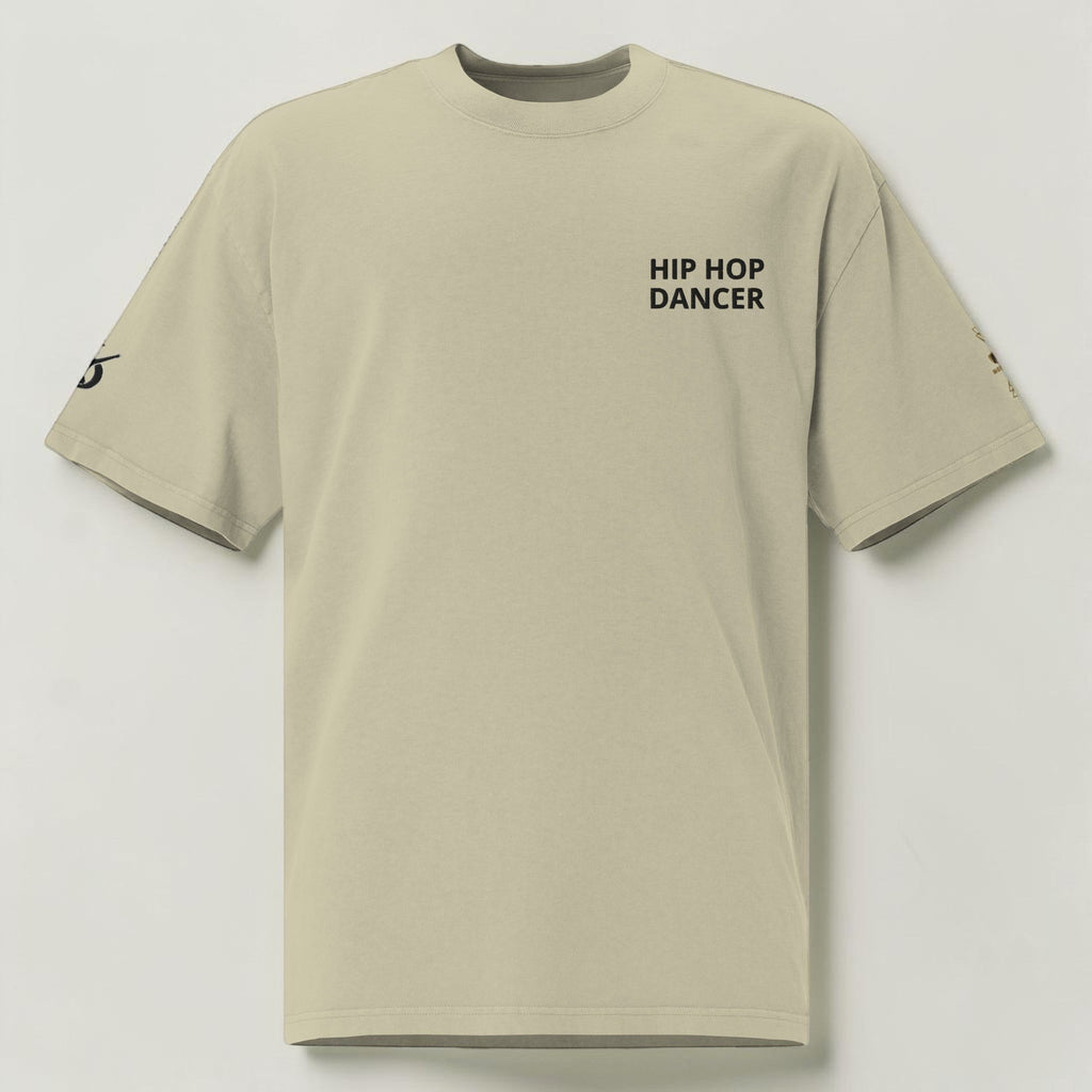 MONROE STORE oversized faded beige t-shirt with 'HIP HOP DANCER' graphic on back and sleeve details. 100% cotton.