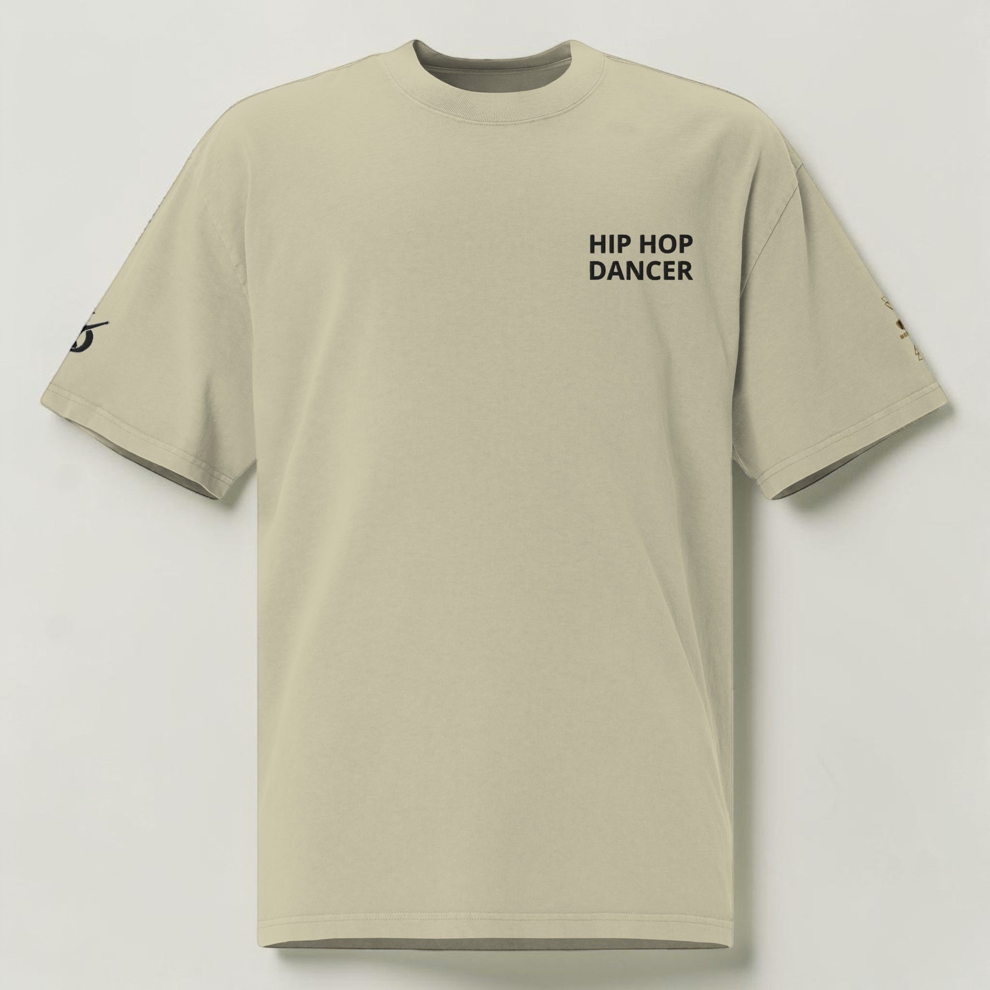 MONROE STORE oversized faded beige t-shirt with 'HIP HOP DANCER' graphic on back and sleeve details. 100% cotton.