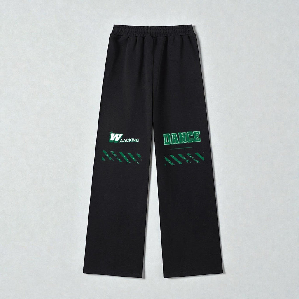 MONROE STORE pantalones de chándal negros de pierna ancha con estampado "WAAcking DANCE" en verde, cintura elástica y cordón.