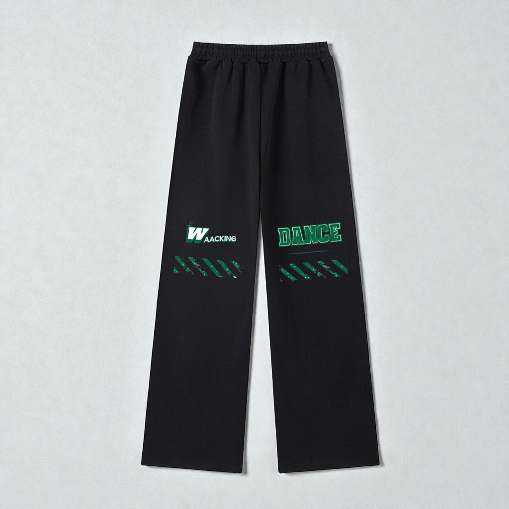 MONROE STORE pantalones de chándal negros de pierna ancha con estampado "WAAcking DANCE" en verde, cintura elástica y cordón.