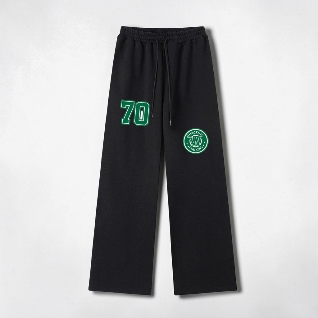 MONROE STORE pantalones de chándal negros de pierna ancha con cordón, cintura elástica y estampado "70" y logo circular.