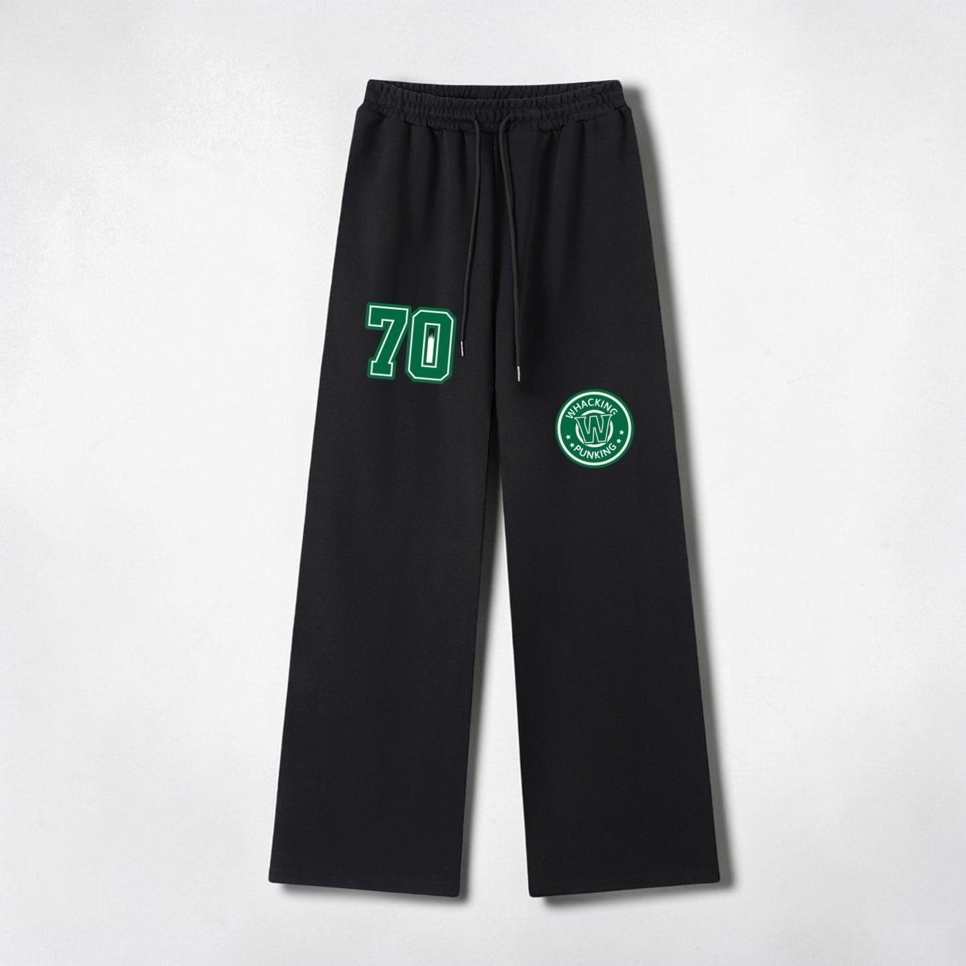 MONROE STORE pantalones de chándal negros de pierna ancha con cordón, cintura elástica y estampado "70" y logo circular.