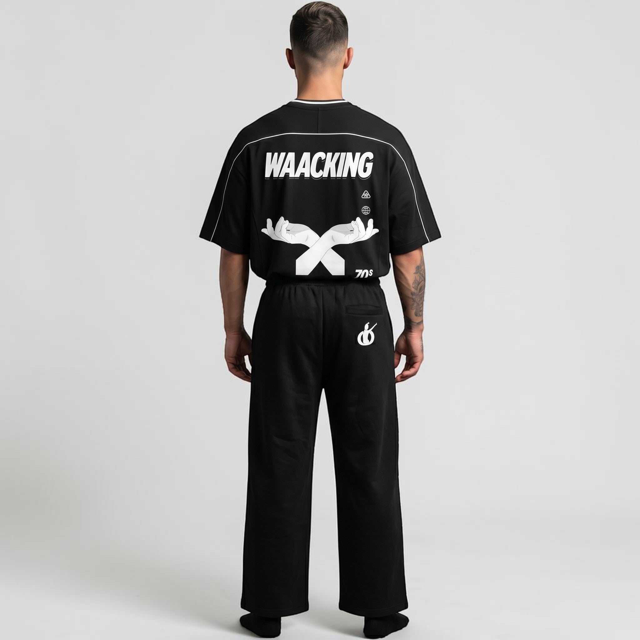 MONROE STORE pantalones de chándal negros de pierna ancha unisex, 80% algodón, 20% poliéster, cintura elástica con cordón.