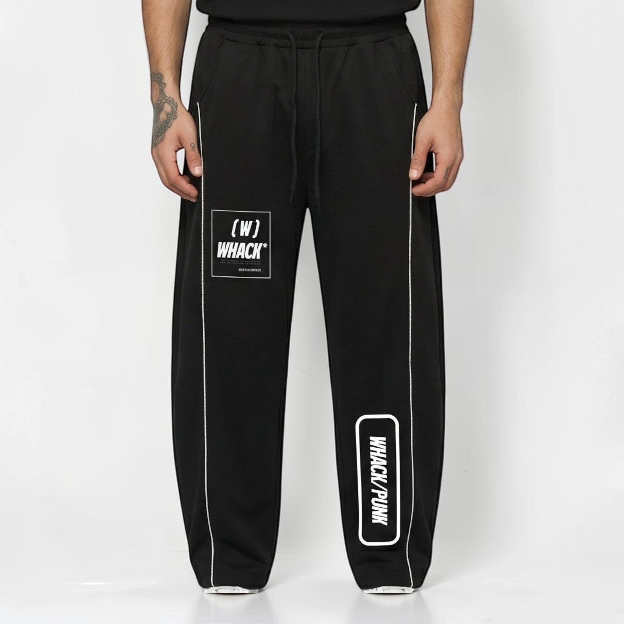 MONROE STORE pantalones de chándal negros unisex de pierna de barril, 80% algodón, 20% poliéster, con cordón y bolsillos.
