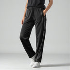 MONROE STORE pantalones deportivos negros de pierna recta con cordón y ribete blanco, mezcla de algodón y poliéster