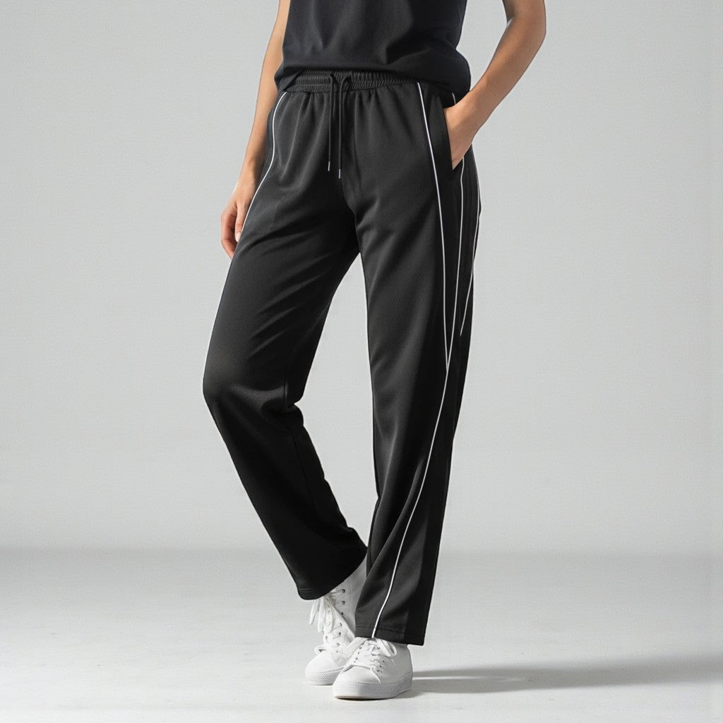 MONROE STORE pantalones deportivos negros de pierna recta con cordón y ribete blanco, mezcla de algodón y poliéster