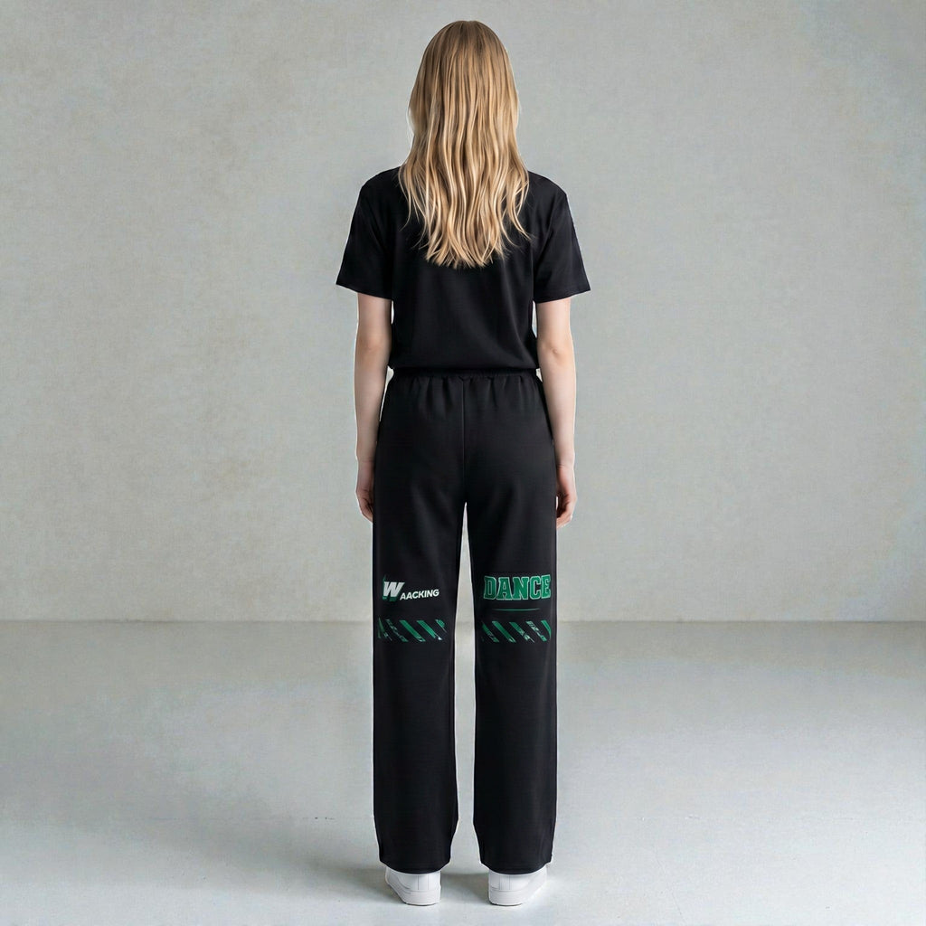 MONROE STORE pantalones deportivos negros de pierna ancha con cordón y estampado verde "WACKING DANCE"