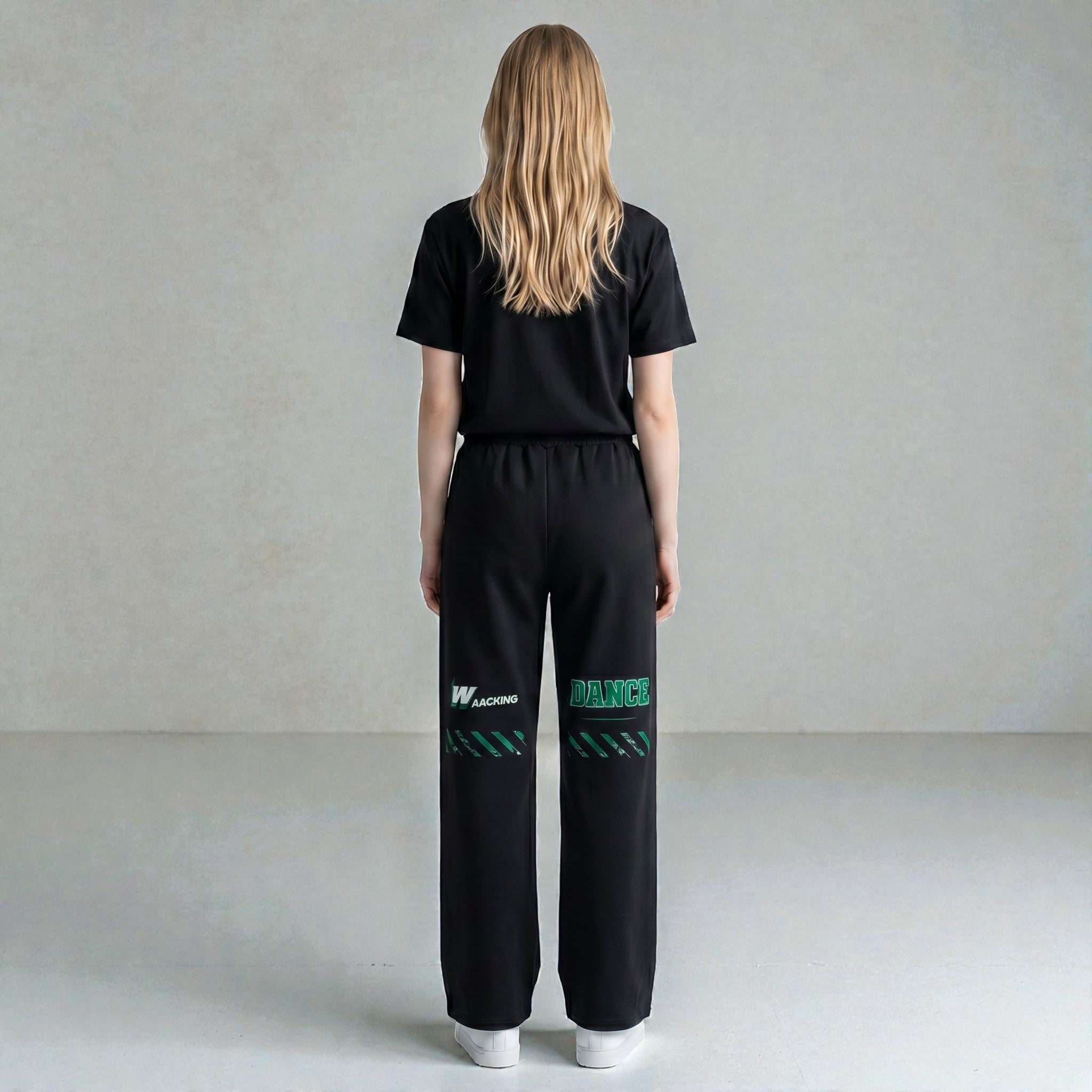 MONROE STORE pantalones deportivos negros de pierna ancha con cordón y estampado verde "WACKING DANCE"