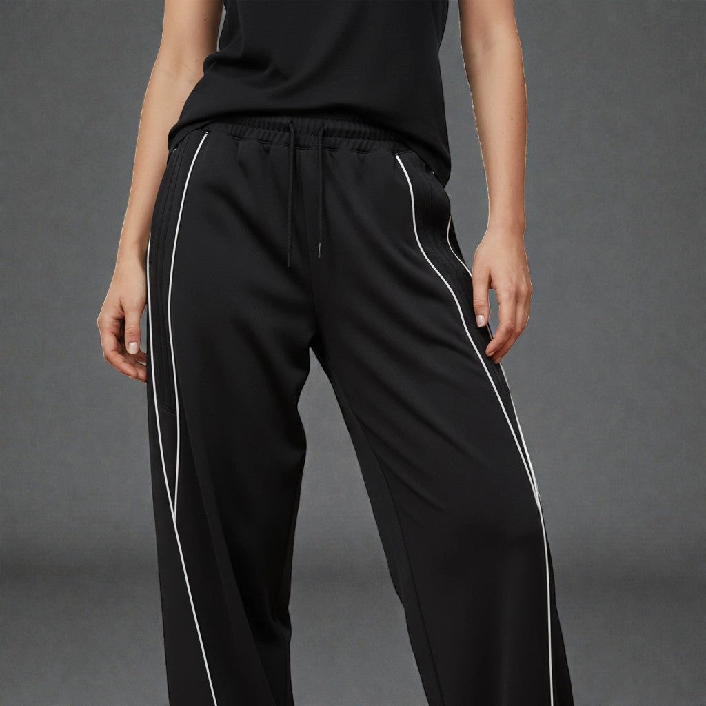 MONROE STORE pantalones negros de pierna recta con cordón y ribetes blancos, mezcla de algodón y poliéster