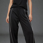 MONROE STORE pantalones negros de pierna recta con cordón y ribetes blancos, mezcla de algodón y poliéster