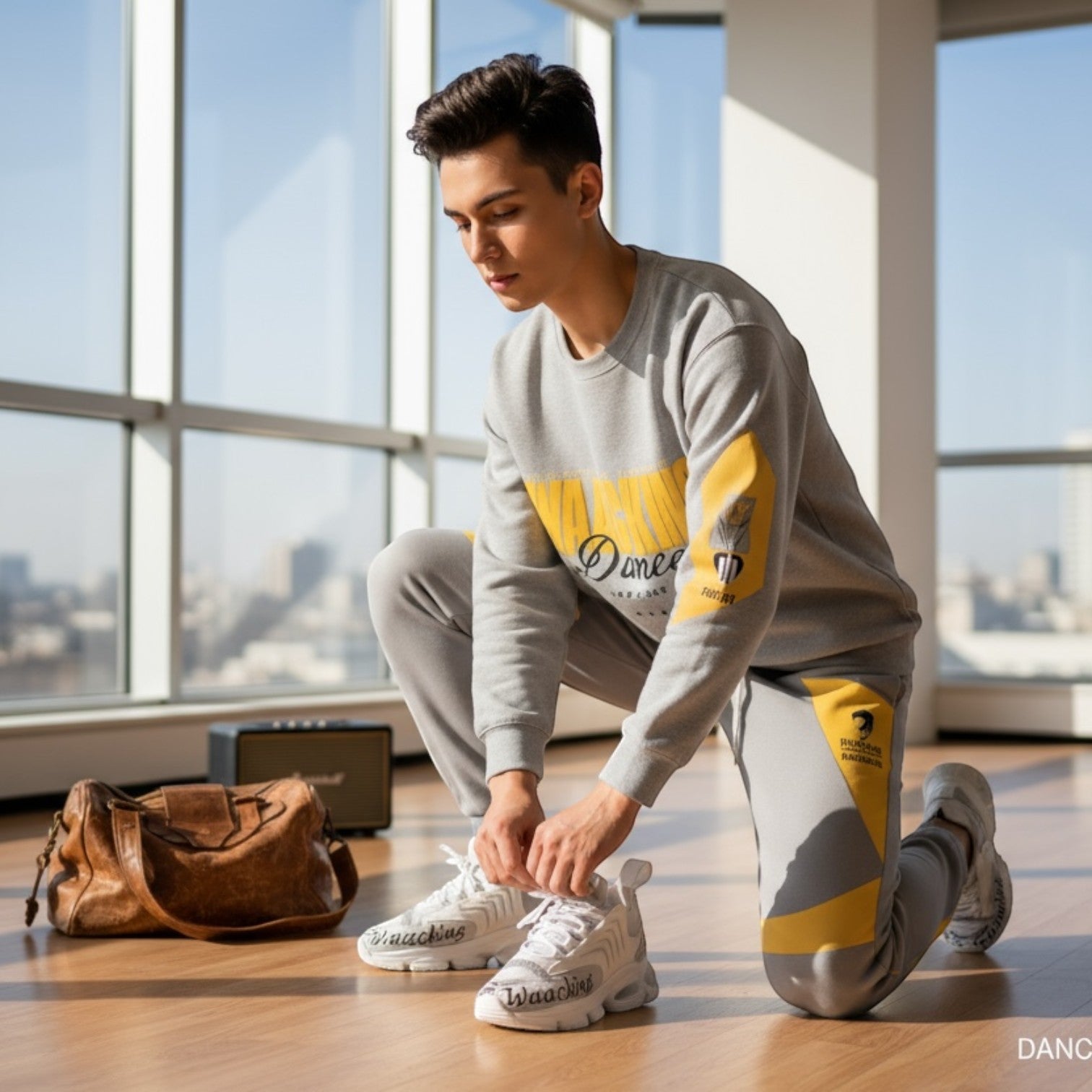 Joven con conjunto deportivo gris y amarillo MONROE STORE preparándose para clase de baile en estudio luminoso