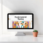 Monitor mostrando el plan esencial de Waacking de MONROE STORE con ilustración de bailarines en estilo retro.