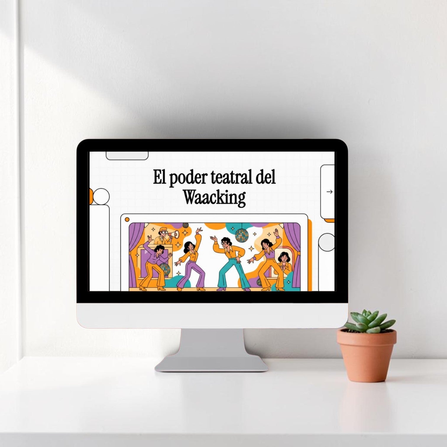 Monitor mostrando el plan esencial de Waacking de MONROE STORE con ilustración de bailarines en estilo retro.